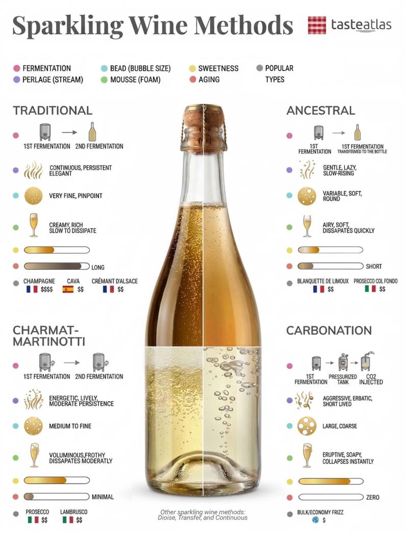 Sparkling wine methods chart from TasteAtlas — Traditional Method, Charmat-Martinotti Method, Ancestral Method, Carbonation, with bubble characteristics for each