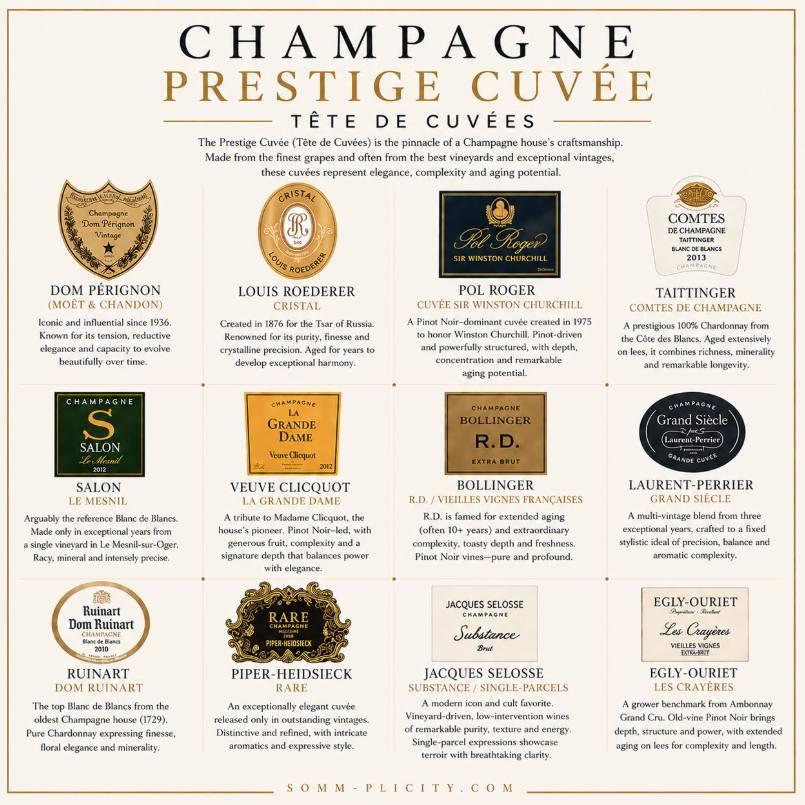 Champagne Prestige Cuvee Tete de Cuvees Dom Perignon Cristal Pol Roger