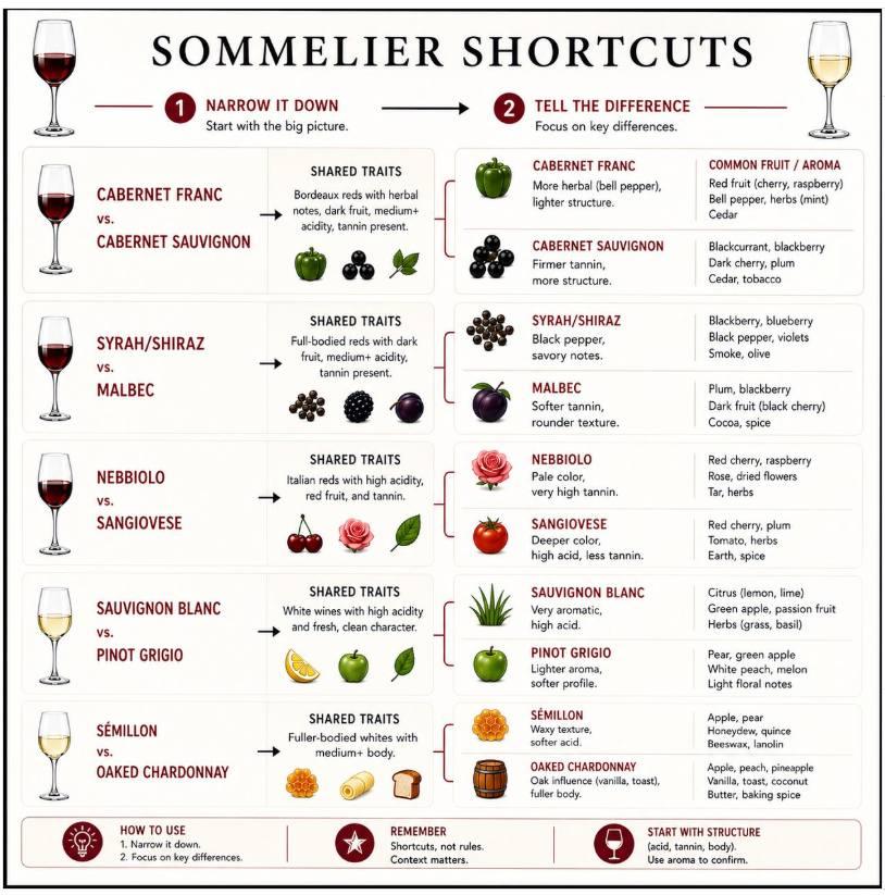 Sommelier shortcuts blind wine tasting Cabernet Syrah Nebbiolo